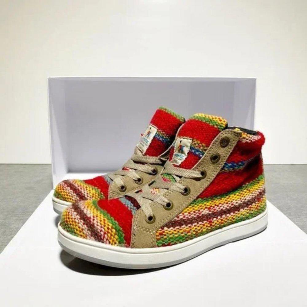 ANDIZ 100% Sheep Wool Handmade Red, Green, and Yellow Sneakers Size 8 US